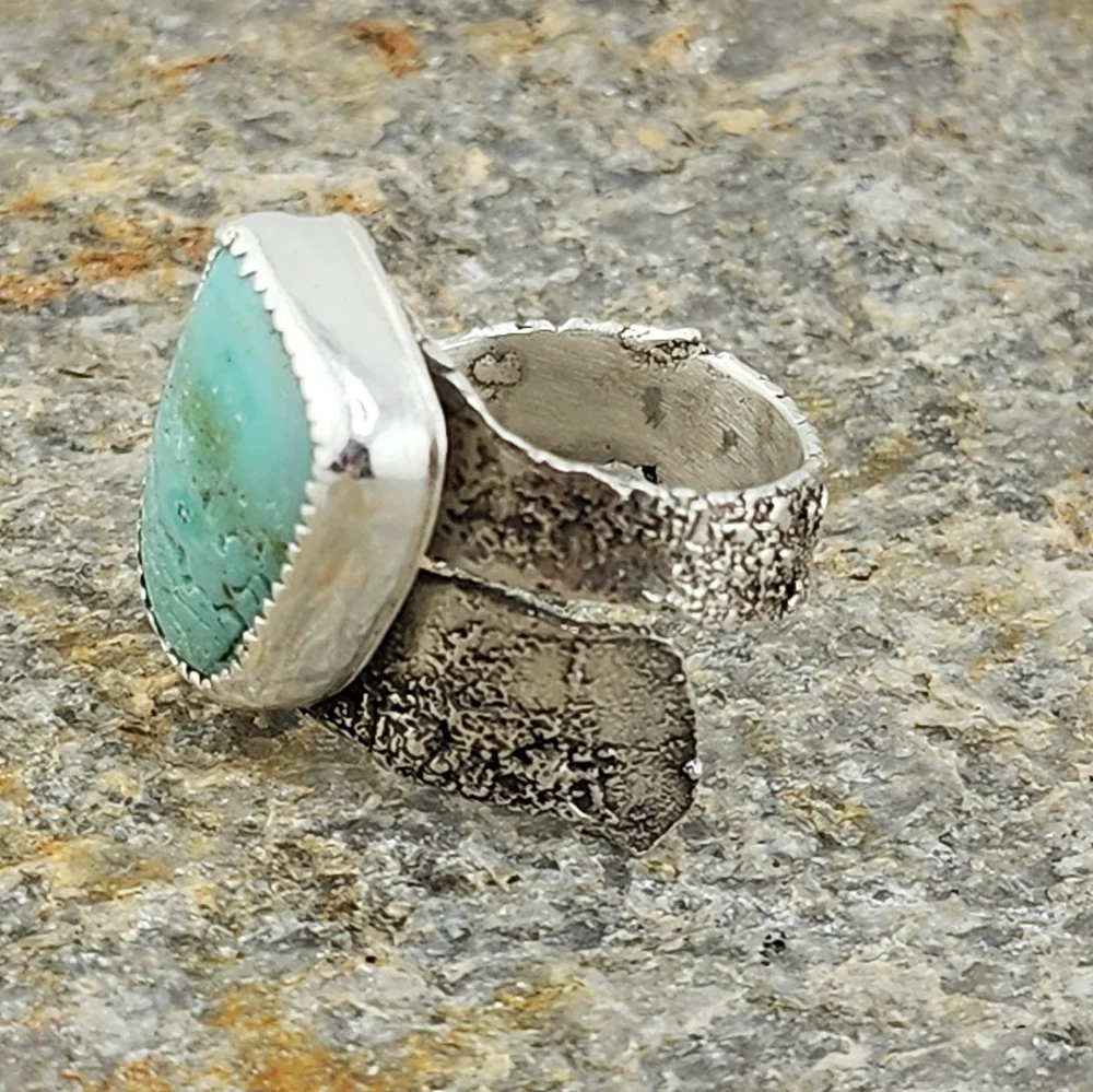 TURQUOISE RING HANDMADE IN RECYCLED STERLING SILVER BRUTALIST STYLE SZ 9